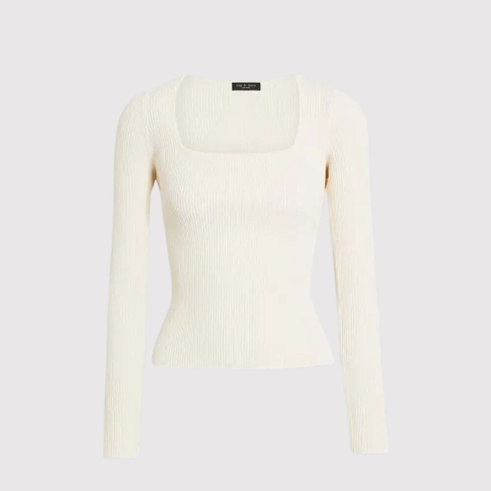 Rag & Bone Womens Top Beige Asher Ribbed Knit Square Neck Stretch Y2K Medium